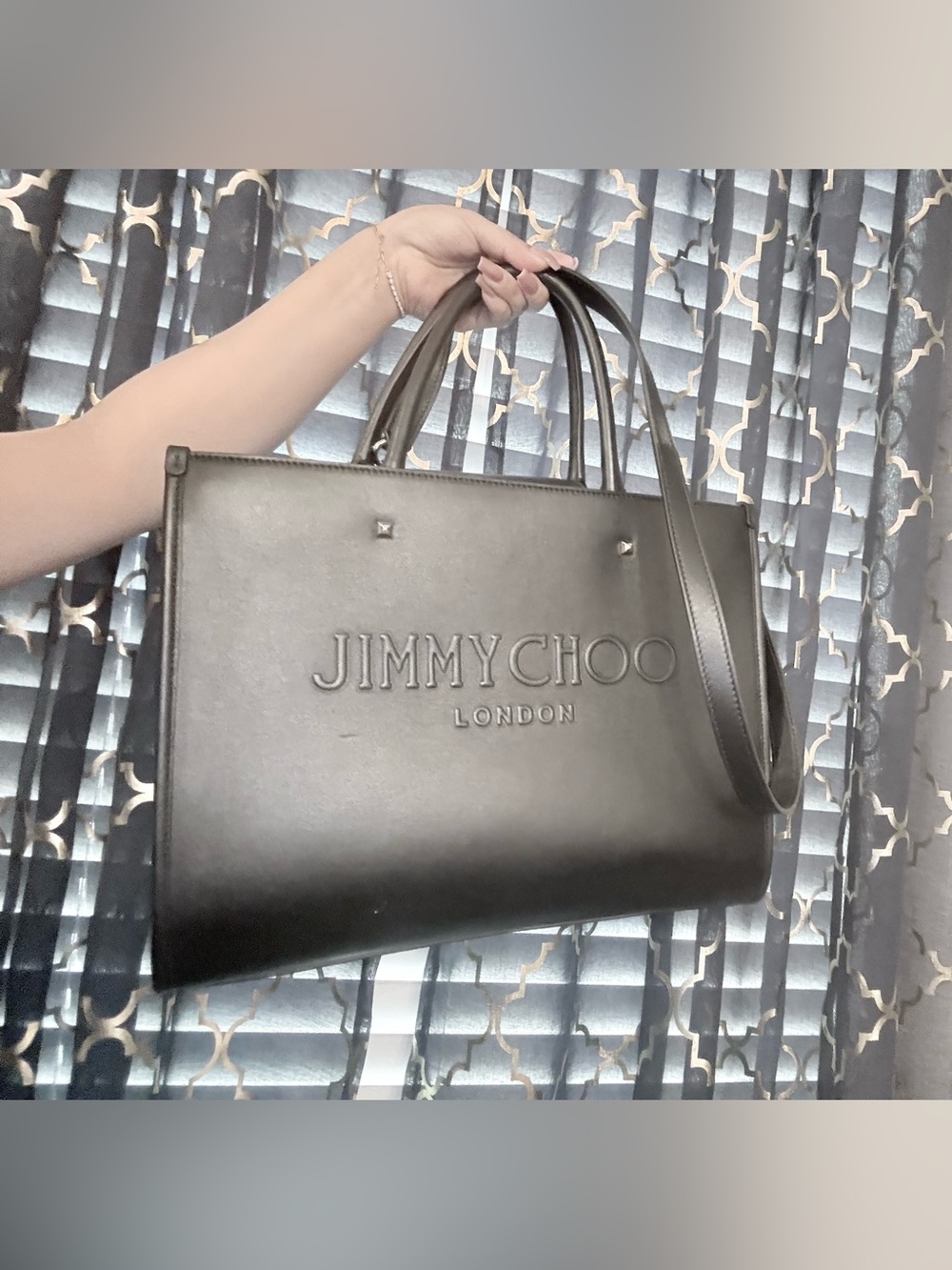 Jimmy Choo Black Leather Tote with Embossed Logo
